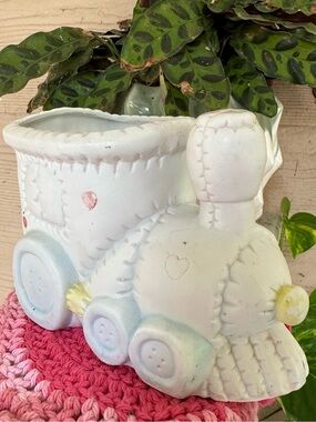Vintage Ceramic Baby Nursery Train Planter, Pastel, Heart, patchwork, quilted